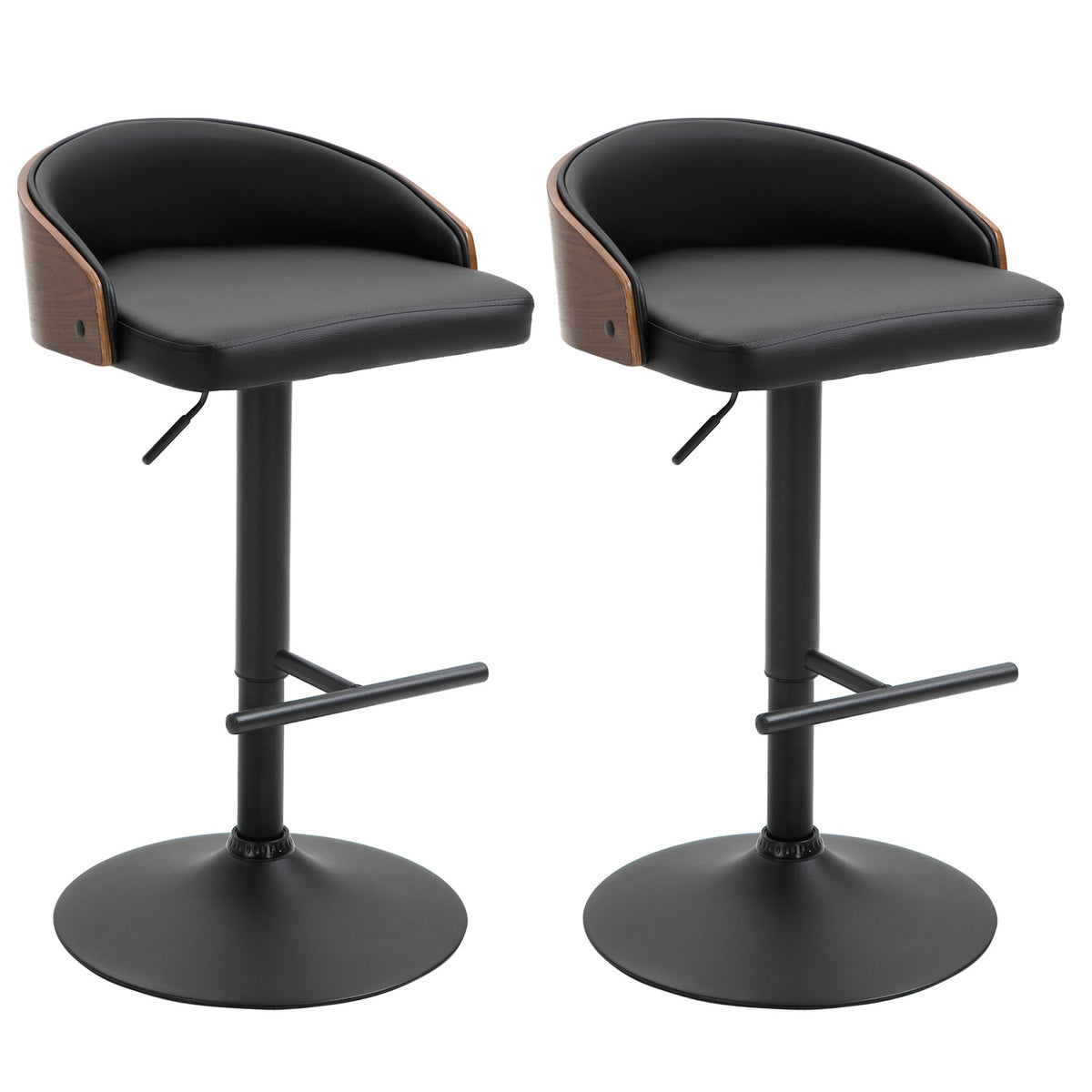 Set Of 2 Bar Stools Swivel Bar Chairs With Footrest Height Adjustable Kitchen Chairs Swivel Chairs Faux Leather Wood Black + Coffee 48 X 49.5 X 76-96 Cm