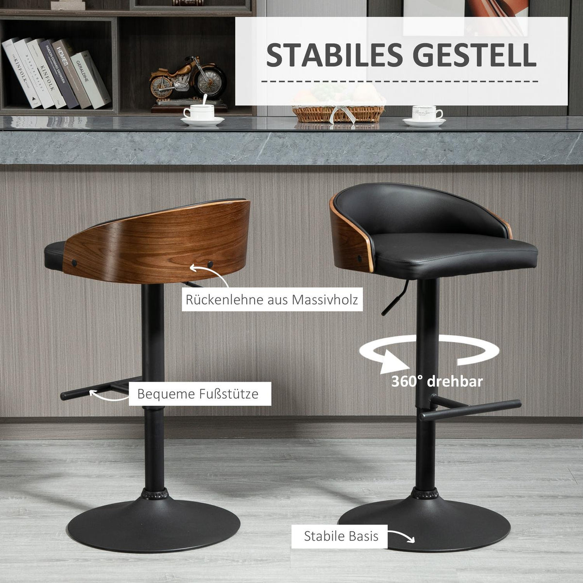 Set Of 2 Bar Stools Swivel Bar Chairs With Footrest Height Adjustable Kitchen Chairs Swivel Chairs Faux Leather Wood Black + Coffee 48 X 49.5 X 76-96 Cm