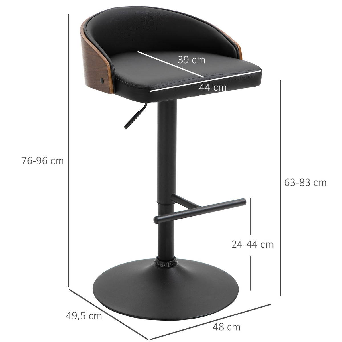 Set Of 2 Bar Stools Swivel Bar Chairs With Footrest Height Adjustable Kitchen Chairs Swivel Chairs Faux Leather Wood Black + Coffee 48 X 49.5 X 76-96 Cm
