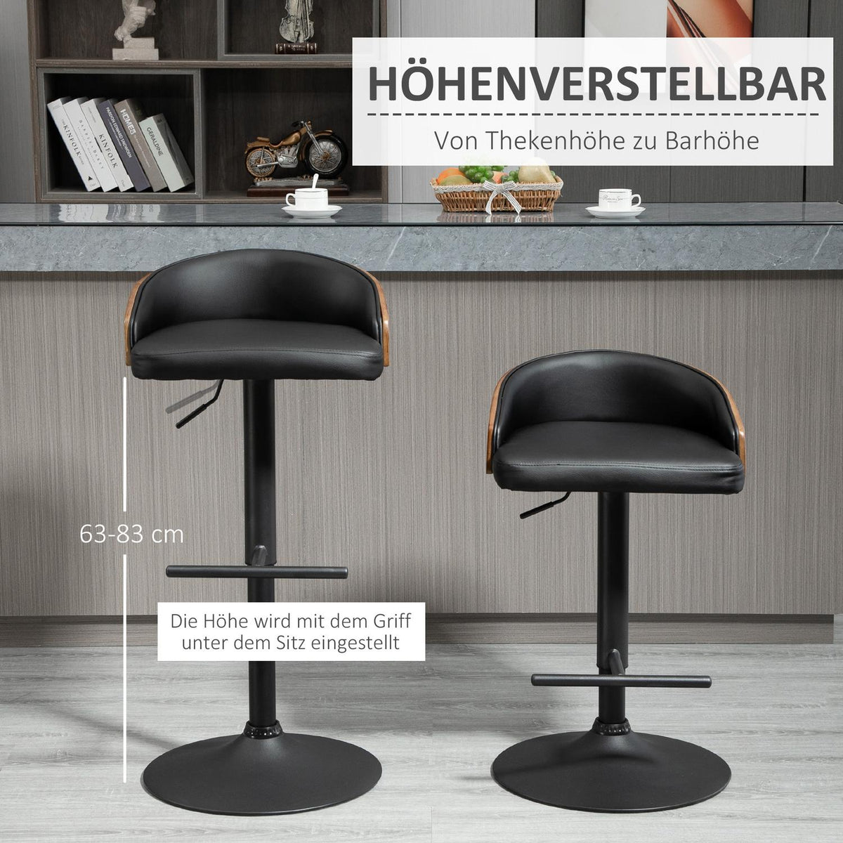 Set Of 2 Bar Stools Swivel Bar Chairs With Footrest Height Adjustable Kitchen Chairs Swivel Chairs Faux Leather Wood Black + Coffee 48 X 49.5 X 76-96 Cm