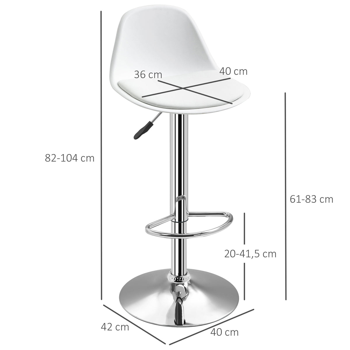 Set Of 2 Bar Stools Swivel Chairs With Backrest Modern Design Height Adjustable For Bar Counter White Faux Leather Steel Up To 120Kg 40X42X82-104 Cm