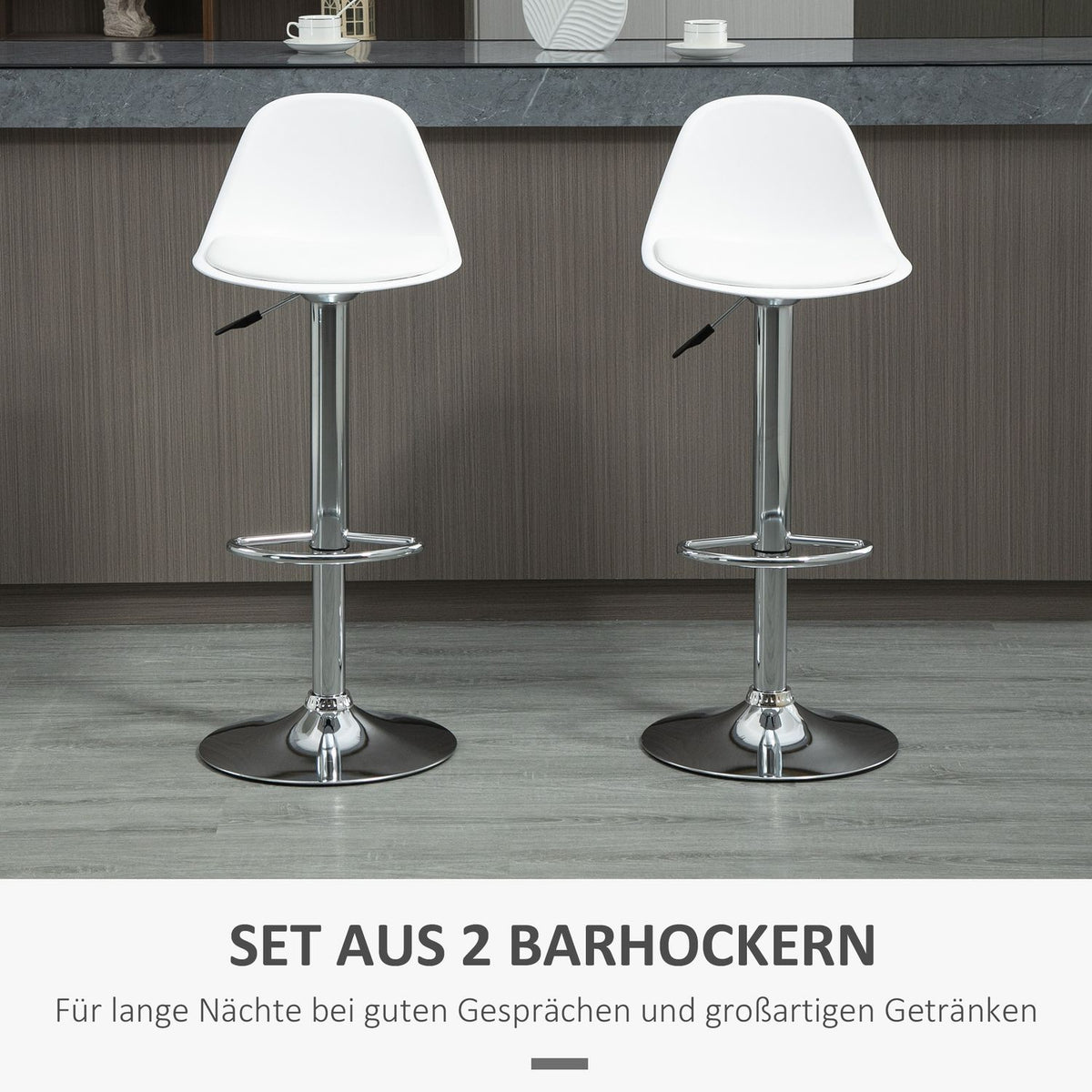 Set Of 2 Bar Stools Swivel Chairs With Backrest Modern Design Height Adjustable For Bar Counter White Faux Leather Steel Up To 120Kg 40X42X82-104 Cm