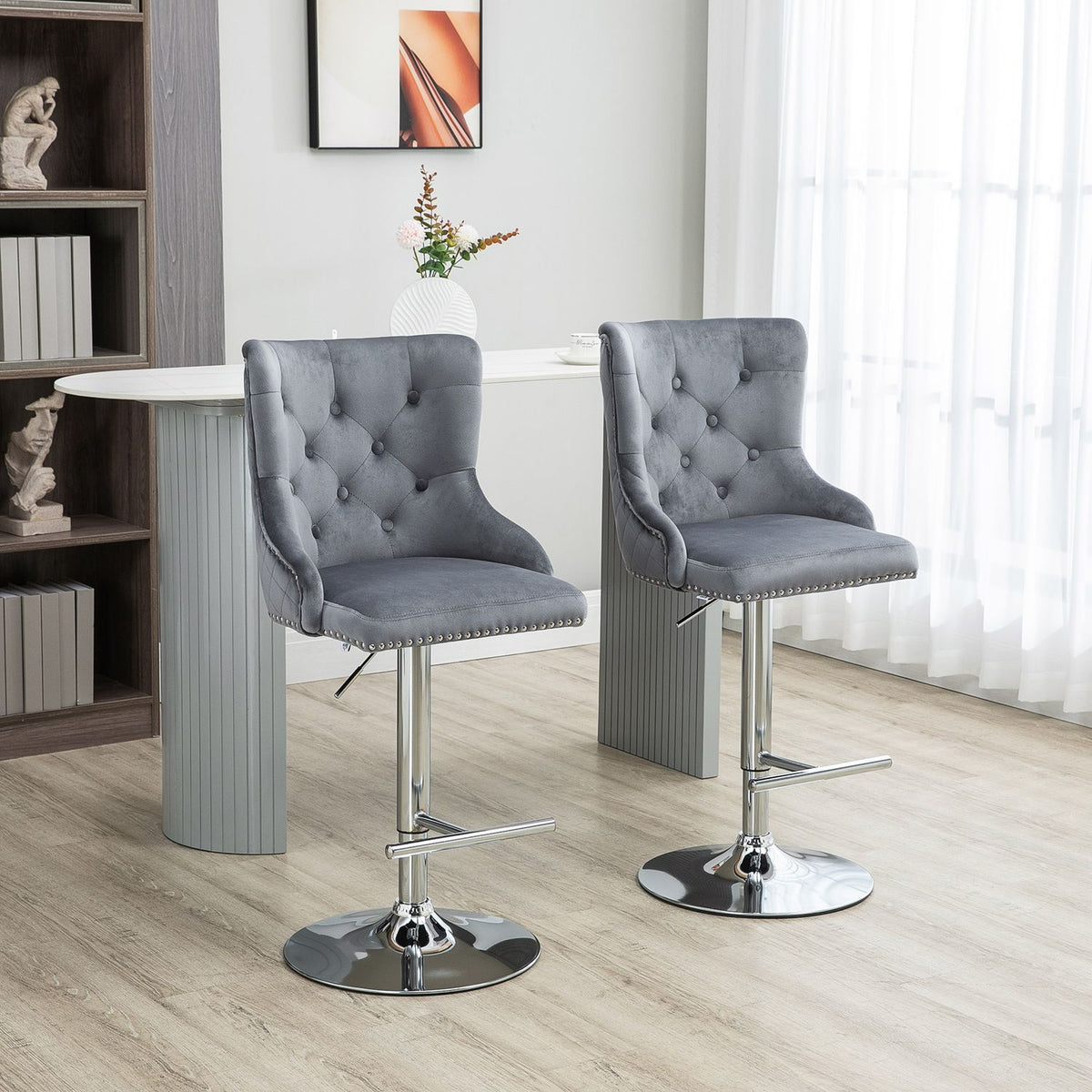 Set Of 2 Bar Stools, Swivel Chairs With Footrest, Height-Adjustable, Modern Bar Chairs, Load Capacity Up To 120 Kg, Pu Linen Steel, 46X55X102-123 Cm