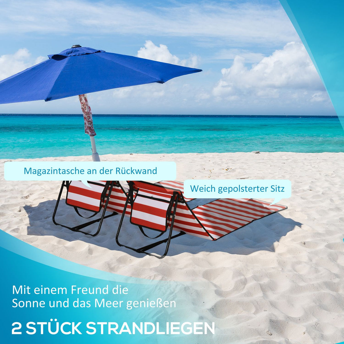 Set Of 2 Beach Mat Foldable Adjustable Sun Lounger Beach Mattress Carry Bag Red 142X51X40Cm