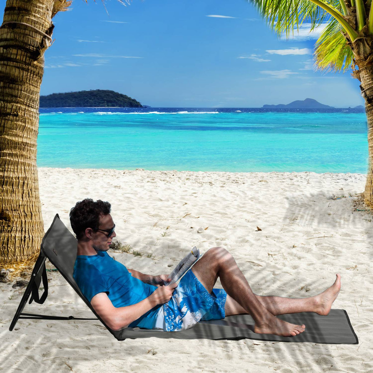 Set Of 2 Beach Mat, Foldable Beach Lounger, Adjustable Sun Lounger, Beach Mattress With Carry Bag, Magazine Bag, Steel, Oxford