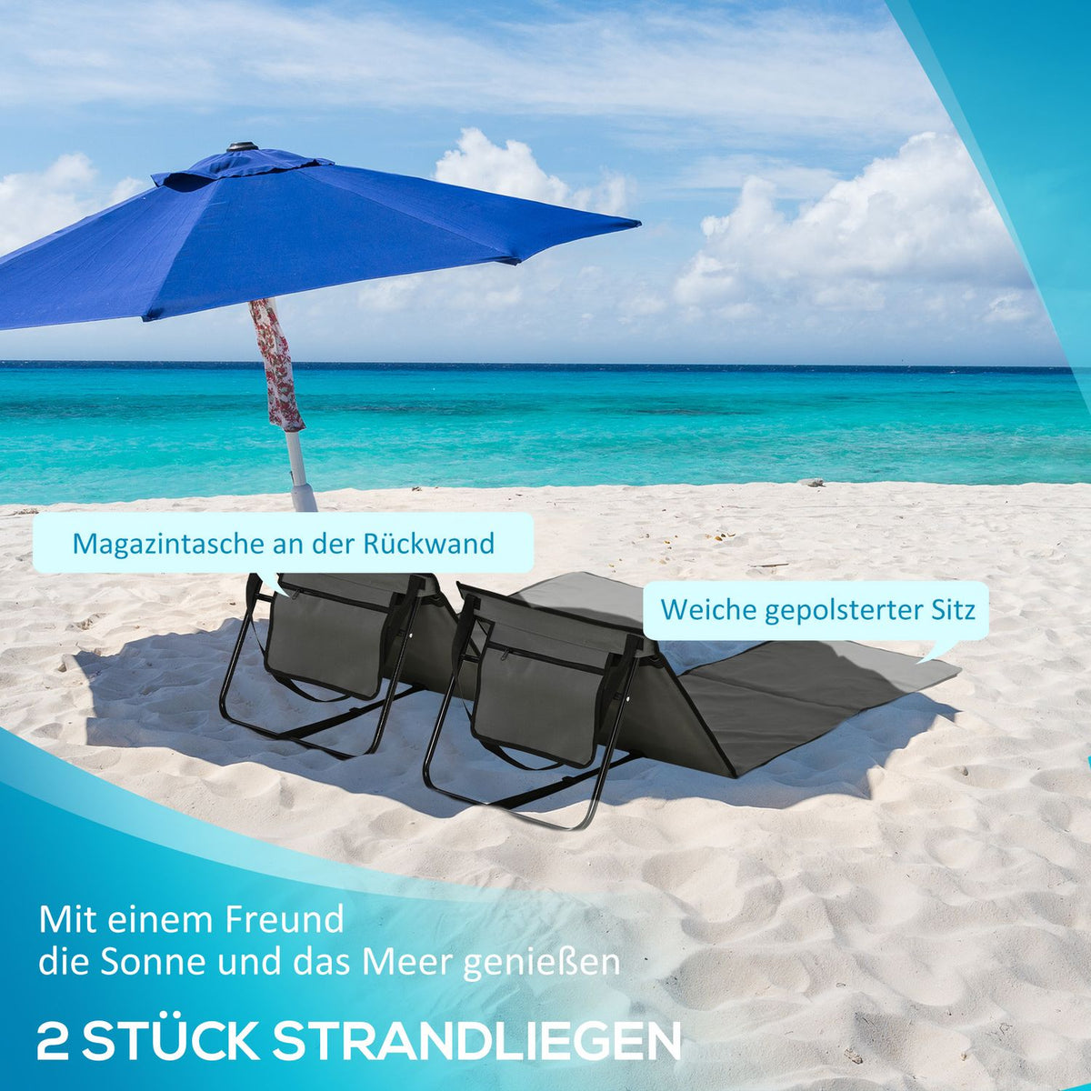 Set Of 2 Beach Mat, Foldable Beach Lounger, Adjustable Sun Lounger, Beach Mattress With Carry Bag, Magazine Bag, Steel, Oxford