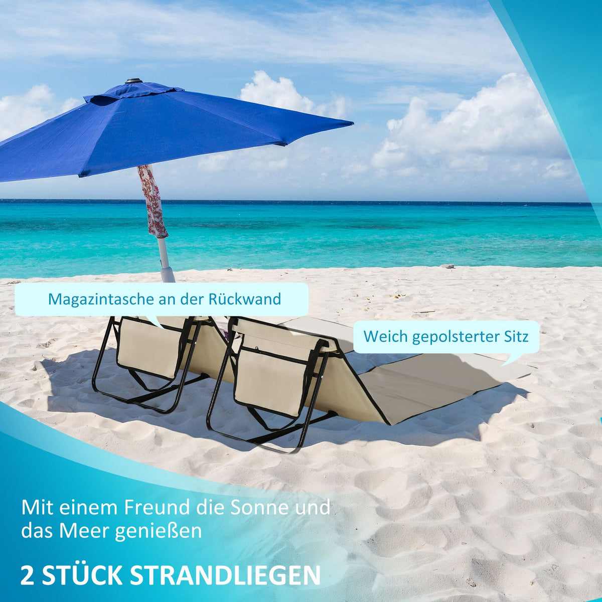 Set Of 2 Beach Mat Foldable Beach Lounger Adjustable Sun Lounger Carry Bag Magazine Bag Steel Oxford
