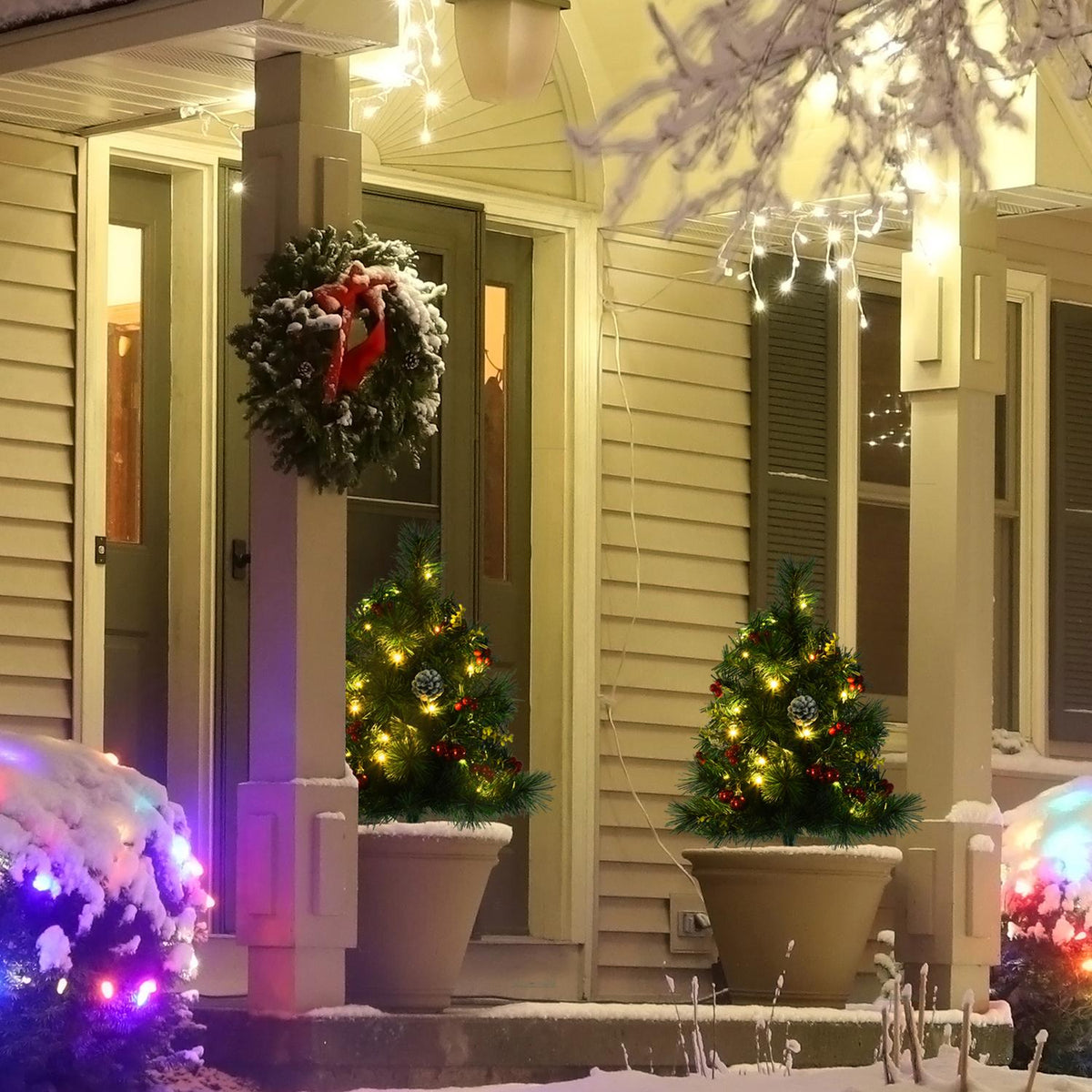 Set Of 2 Christmas Trees Mini Artificial Christmas Tree With Pine Cones And Red Berries, Balls And Warm White Led Lights Ø33 X 75 Cm