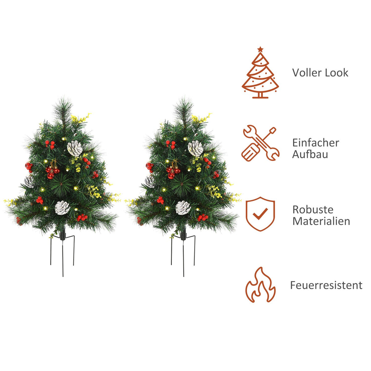 Set Of 2 Christmas Trees Mini Artificial Christmas Tree With Pine Cones And Red Berries, Balls And Warm White Led Lights Ø33 X 75 Cm