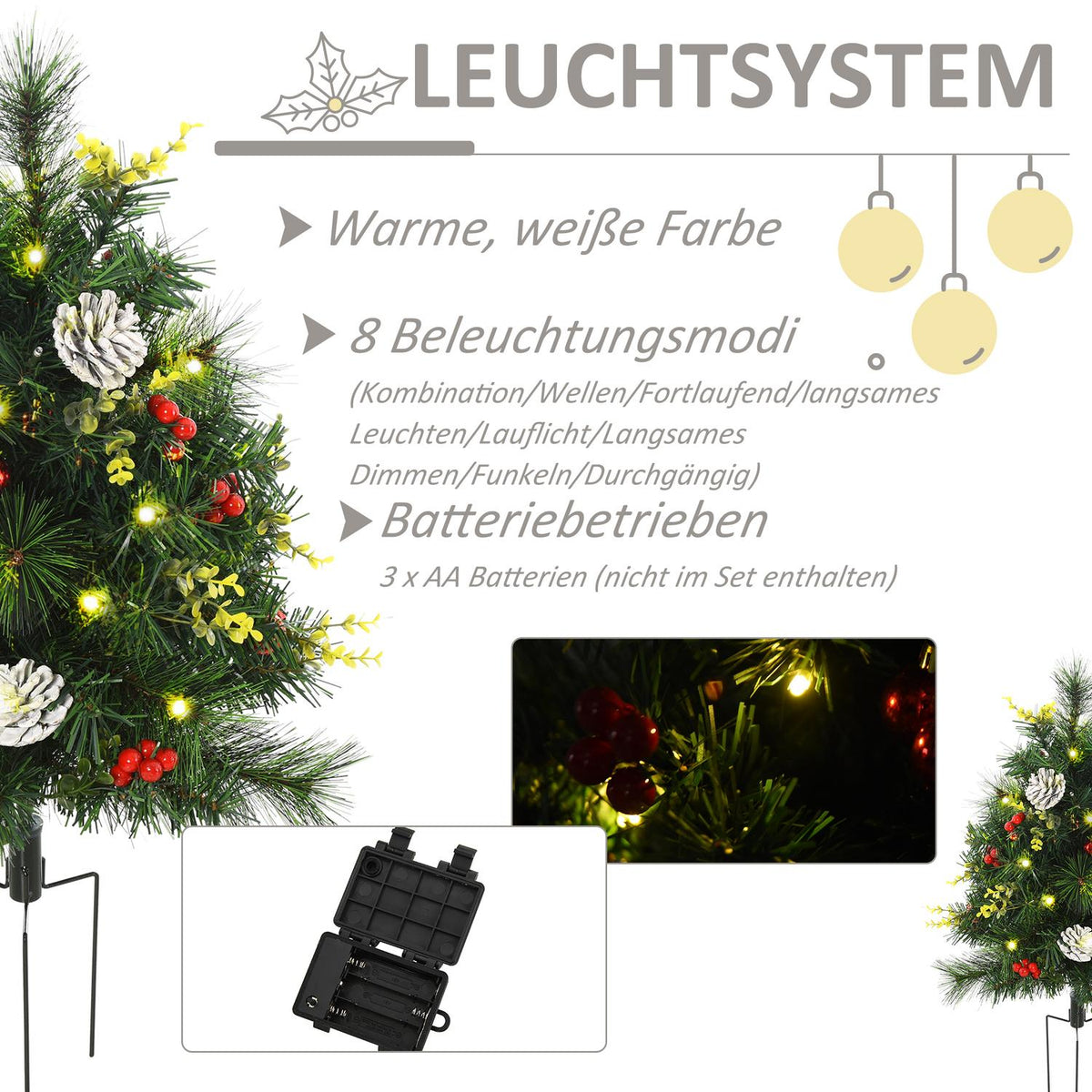Set Of 2 Christmas Trees Mini Artificial Christmas Tree With Pine Cones And Red Berries, Balls And Warm White Led Lights Ø33 X 75 Cm