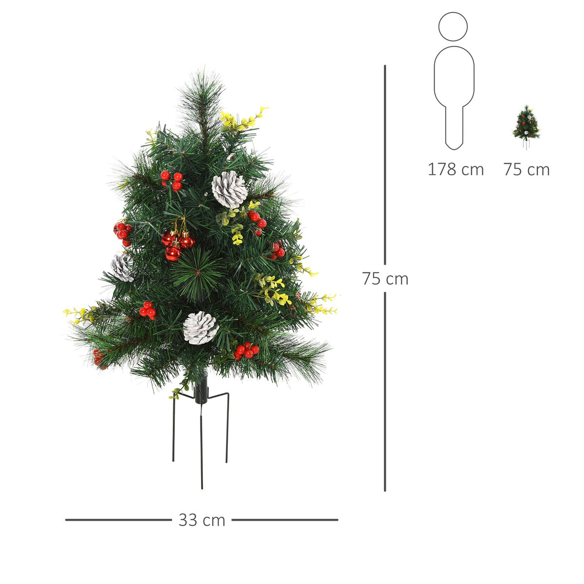 Set Of 2 Christmas Trees Mini Artificial Christmas Tree With Pine Cones And Red Berries, Balls And Warm White Led Lights Ø33 X 75 Cm