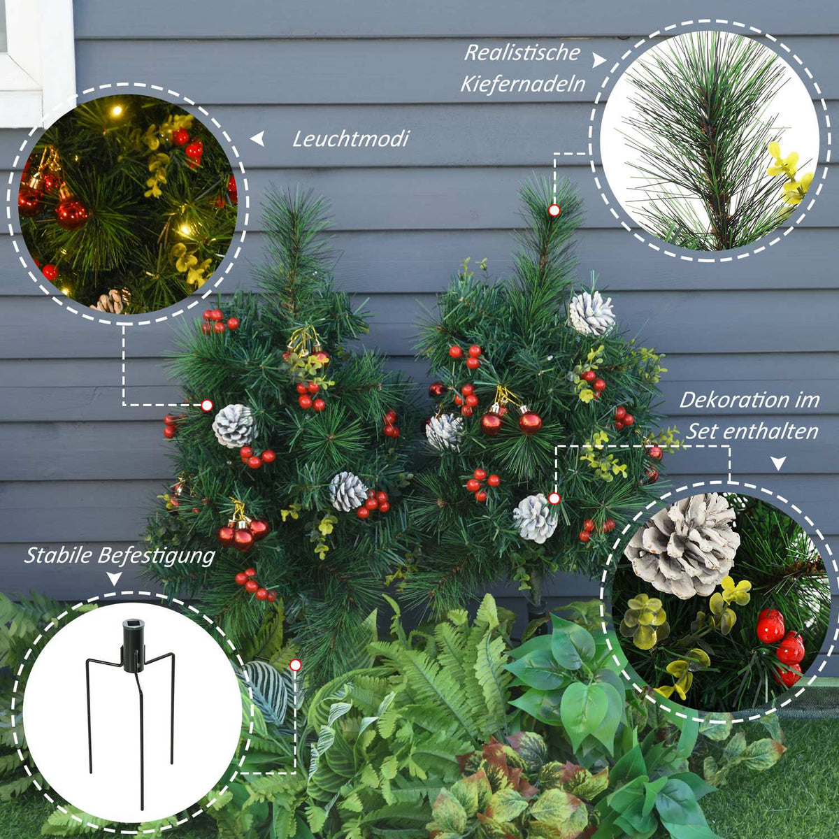 Set Of 2 Christmas Trees Mini Artificial Christmas Tree With Pine Cones And Red Berries, Balls And Warm White Led Lights Ø33 X 75 Cm
