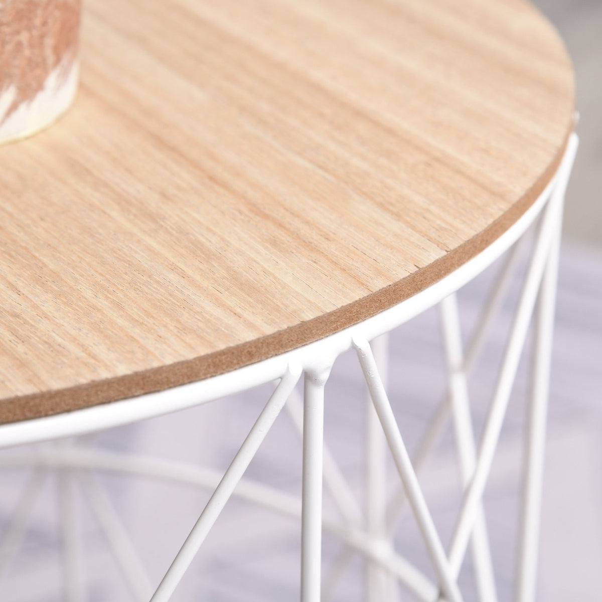Set Of 2 Coffee Tables In Natural & White Side Table 2-Piece, Mdf + Metal, For Living Room & Bedroom, Ø40 X H45 Cm