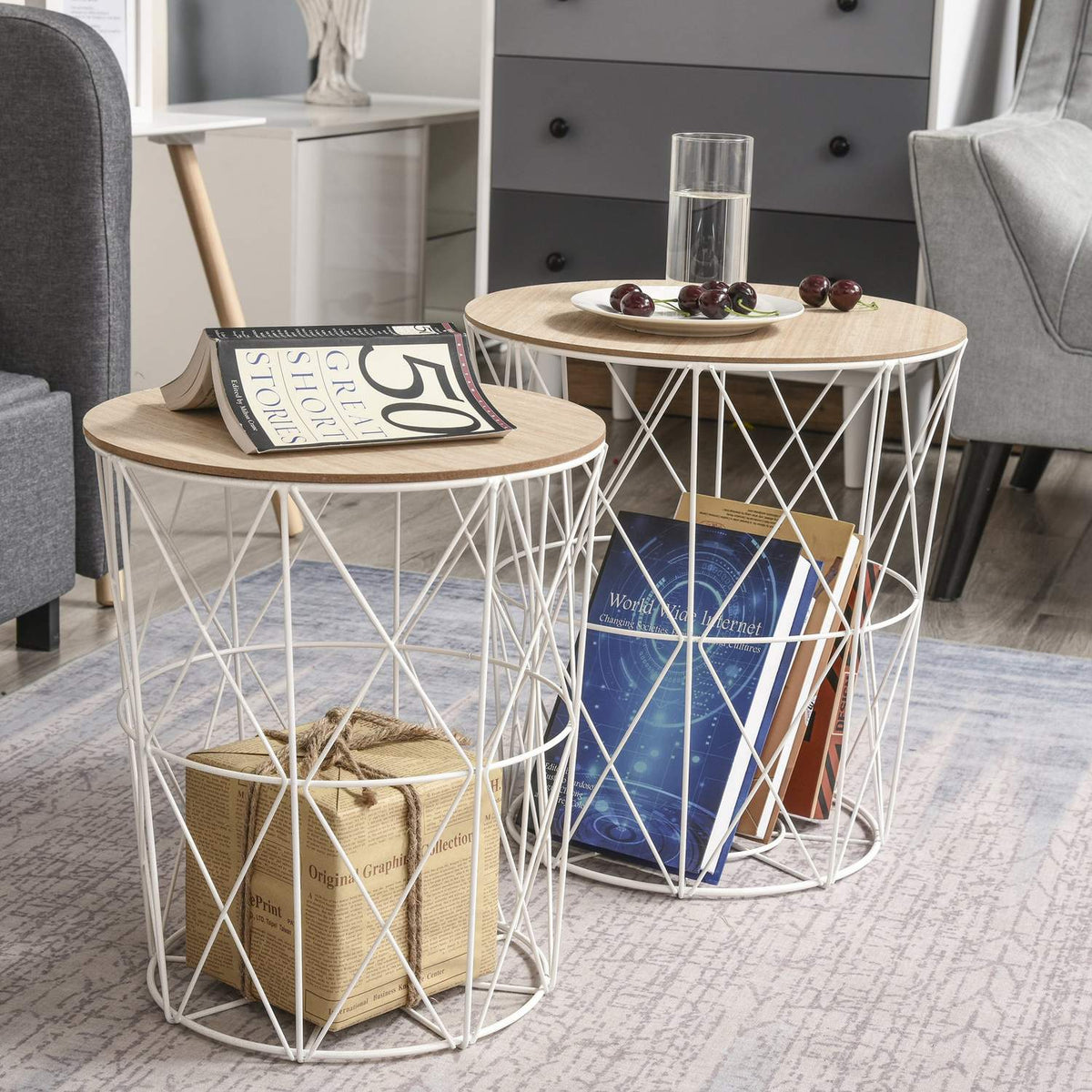 Set Of 2 Coffee Tables In Natural & White Side Table 2-Piece, Mdf + Metal, For Living Room & Bedroom, Ø40 X H45 Cm