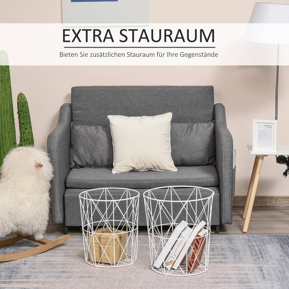 Set Of 2 Coffee Tables In Natural & White Side Table 2-Piece, Mdf + Metal, For Living Room & Bedroom, Ø40 X H45 Cm