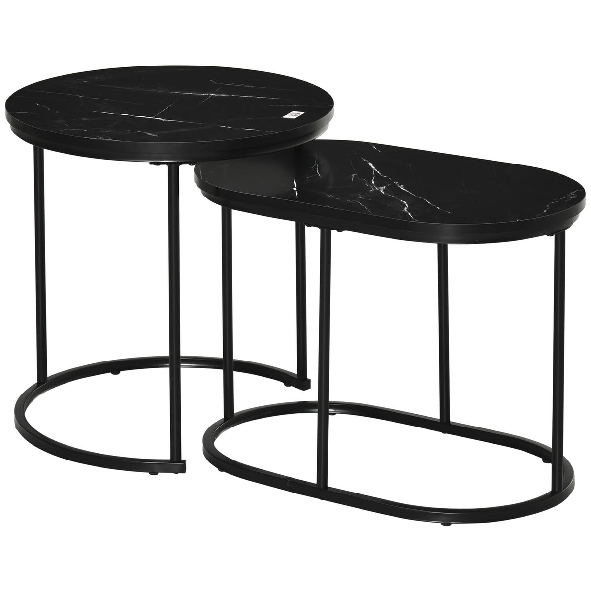 Set Of 2 Coffee Tables Round Oval Order Table Coffee Table Stackable With Faux Marble Side Up To 30 Kg Mdf Steel Black Ø50 X 50.5H Cm