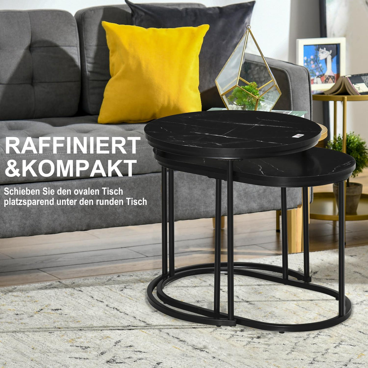Set Of 2 Coffee Tables Round Oval Order Table Coffee Table Stackable With Faux Marble Side Up To 30 Kg Mdf Steel Black Ø50 X 50.5H Cm