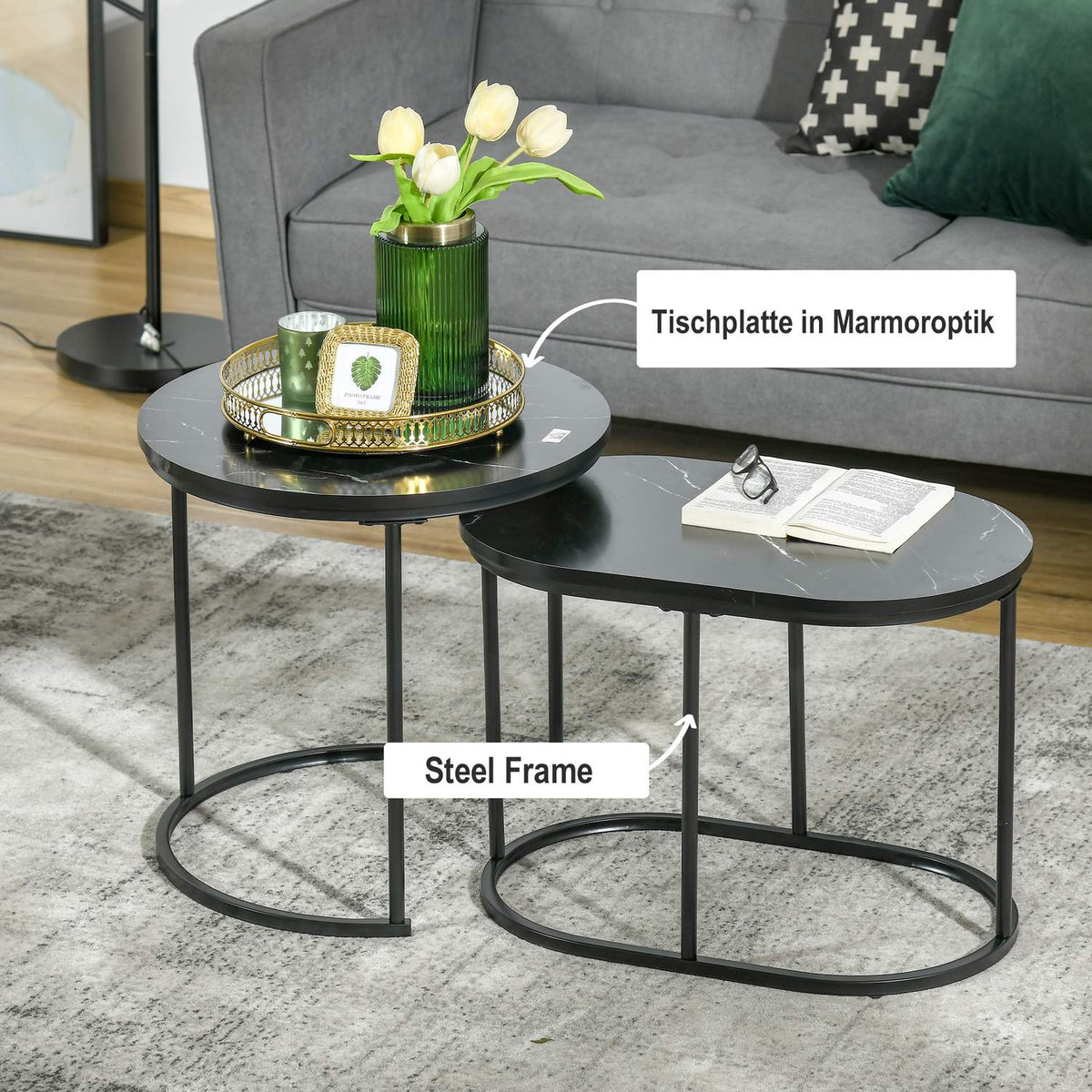 Set Of 2 Coffee Tables Round Oval Order Table Coffee Table Stackable With Faux Marble Side Up To 30 Kg Mdf Steel Black Ø50 X 50.5H Cm