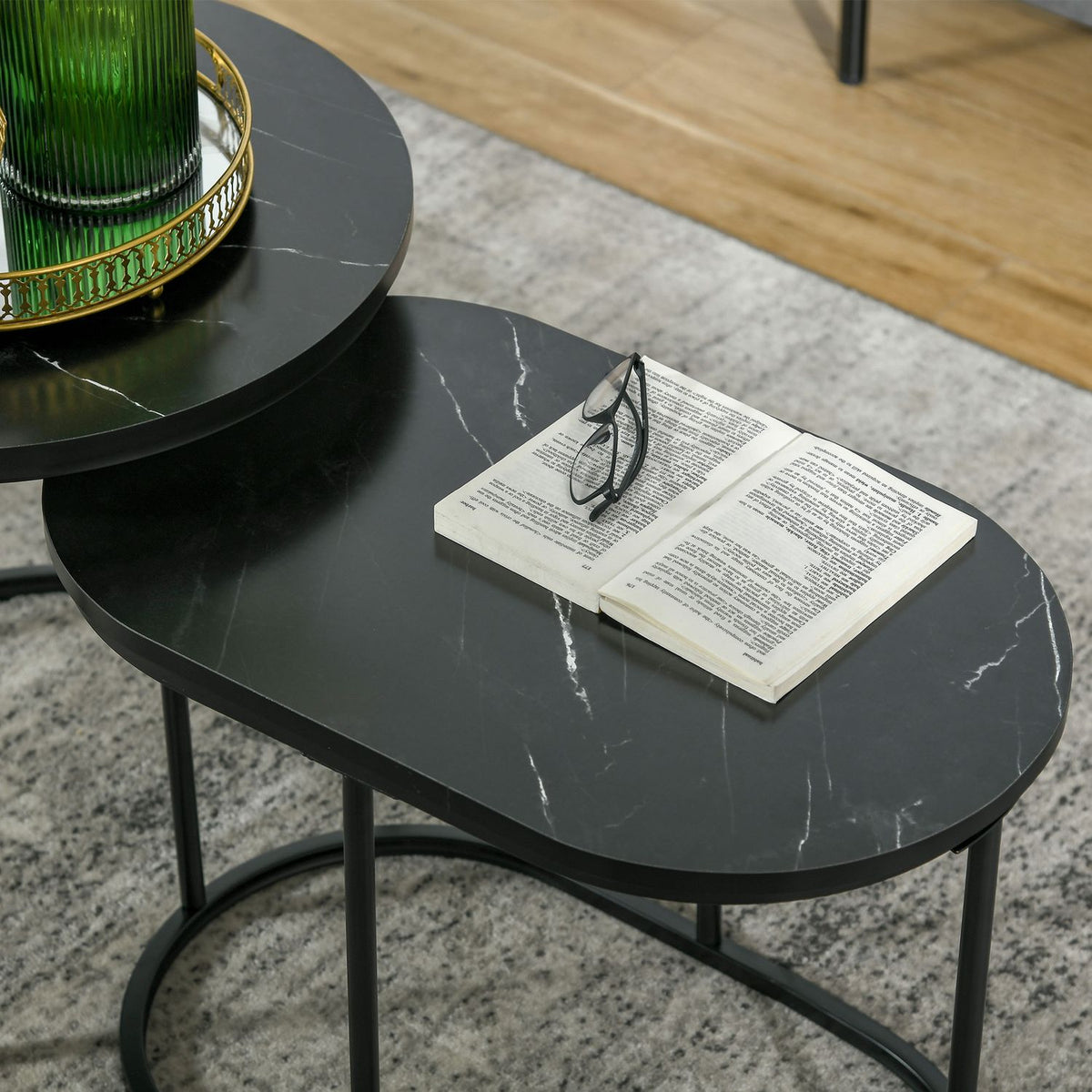 Set Of 2 Coffee Tables Round Oval Order Table Coffee Table Stackable With Faux Marble Side Up To 30 Kg Mdf Steel Black Ø50 X 50.5H Cm