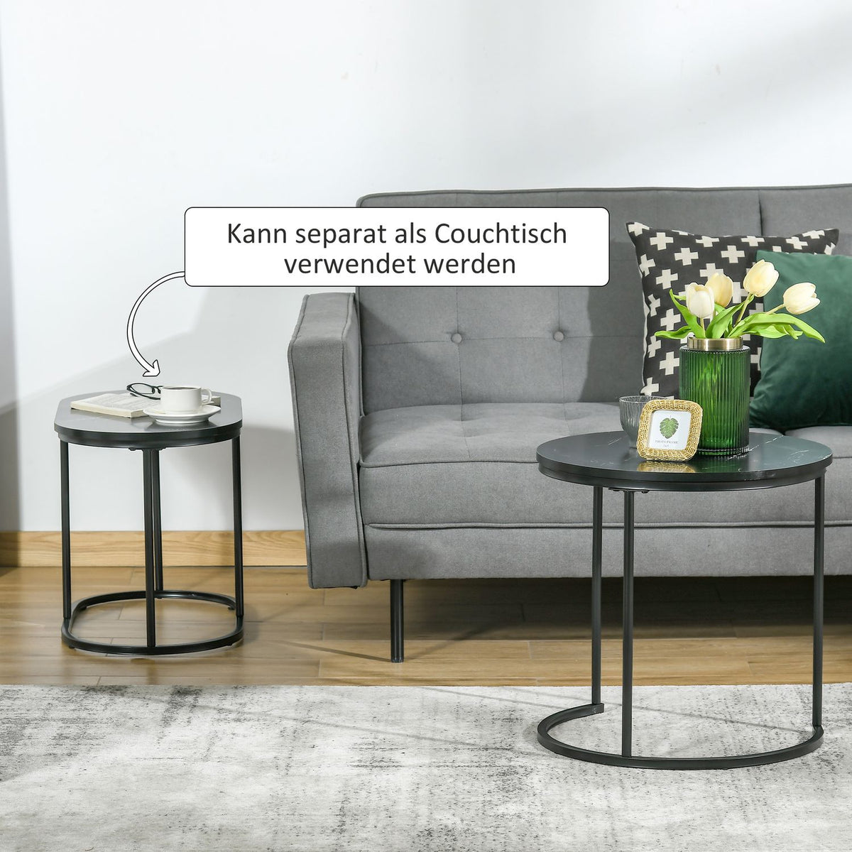 Set Of 2 Coffee Tables Round Oval Order Table Coffee Table Stackable With Faux Marble Side Up To 30 Kg Mdf Steel Black Ø50 X 50.5H Cm