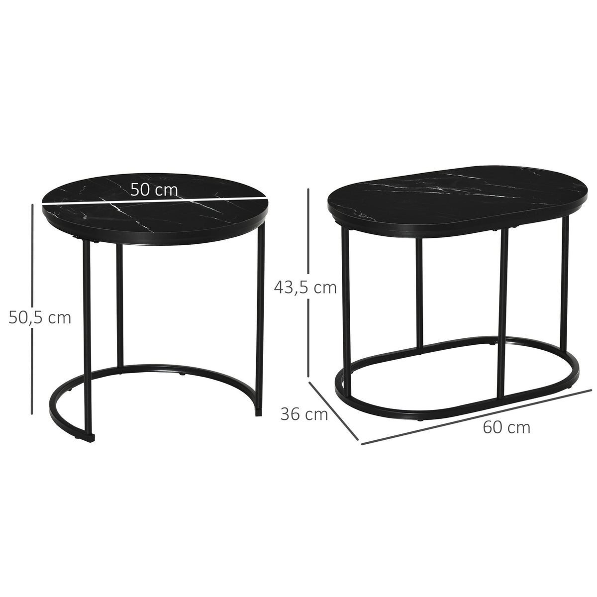 Set Of 2 Coffee Tables Round Oval Order Table Coffee Table Stackable With Faux Marble Side Up To 30 Kg Mdf Steel Black Ø50 X 50.5H Cm