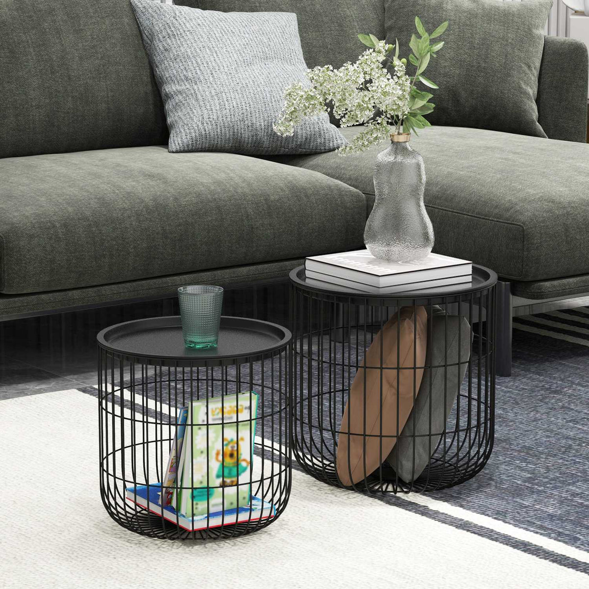Set Of 2 Coffee Tables, Side Tables In Scandi Design, Coffee Table With Storage Space, Steel, Black