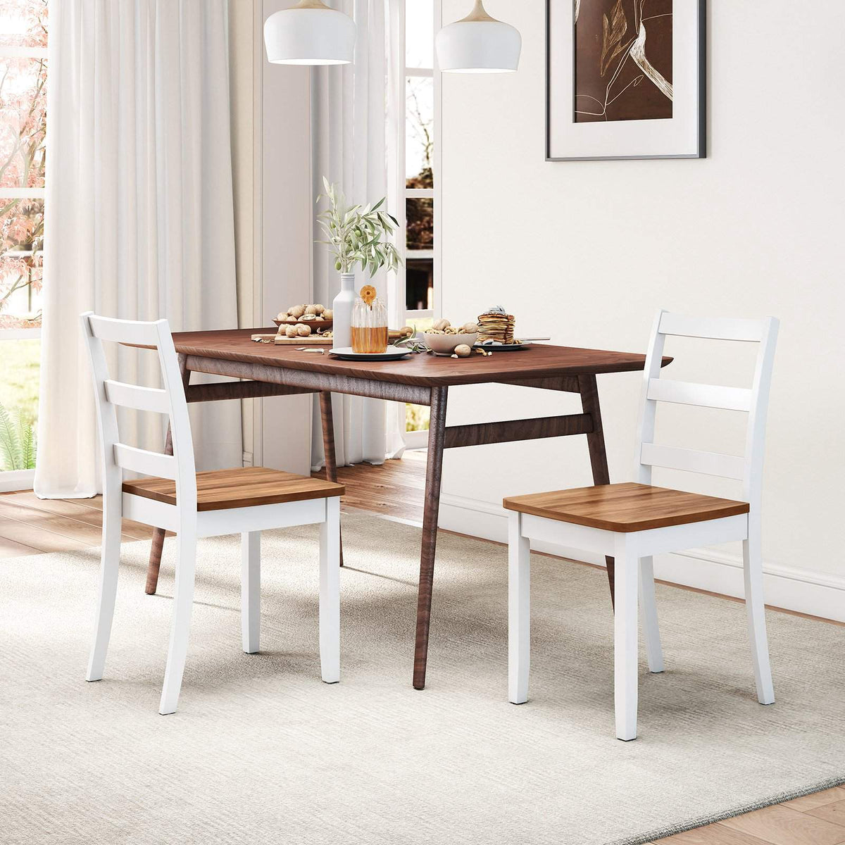 Set Of 2 Dining Chairs, Ladder Back, Rubberwood Legs