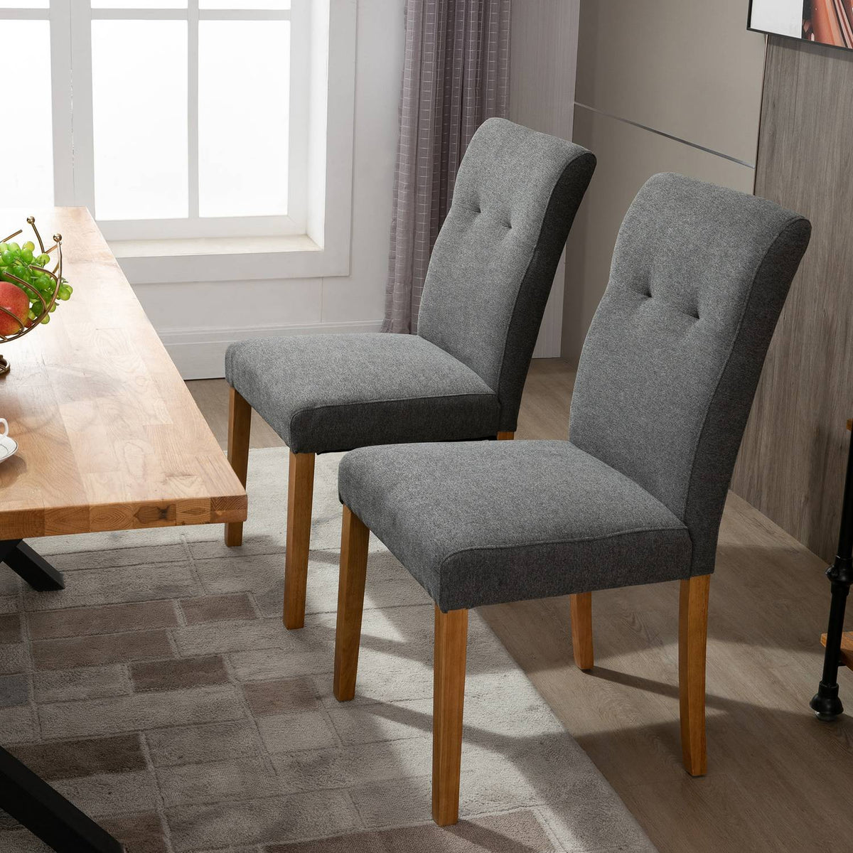 Set Of 2 Dining Chairs Padded Seat Linen-Polyester Dark Gray 50X62X96Cm