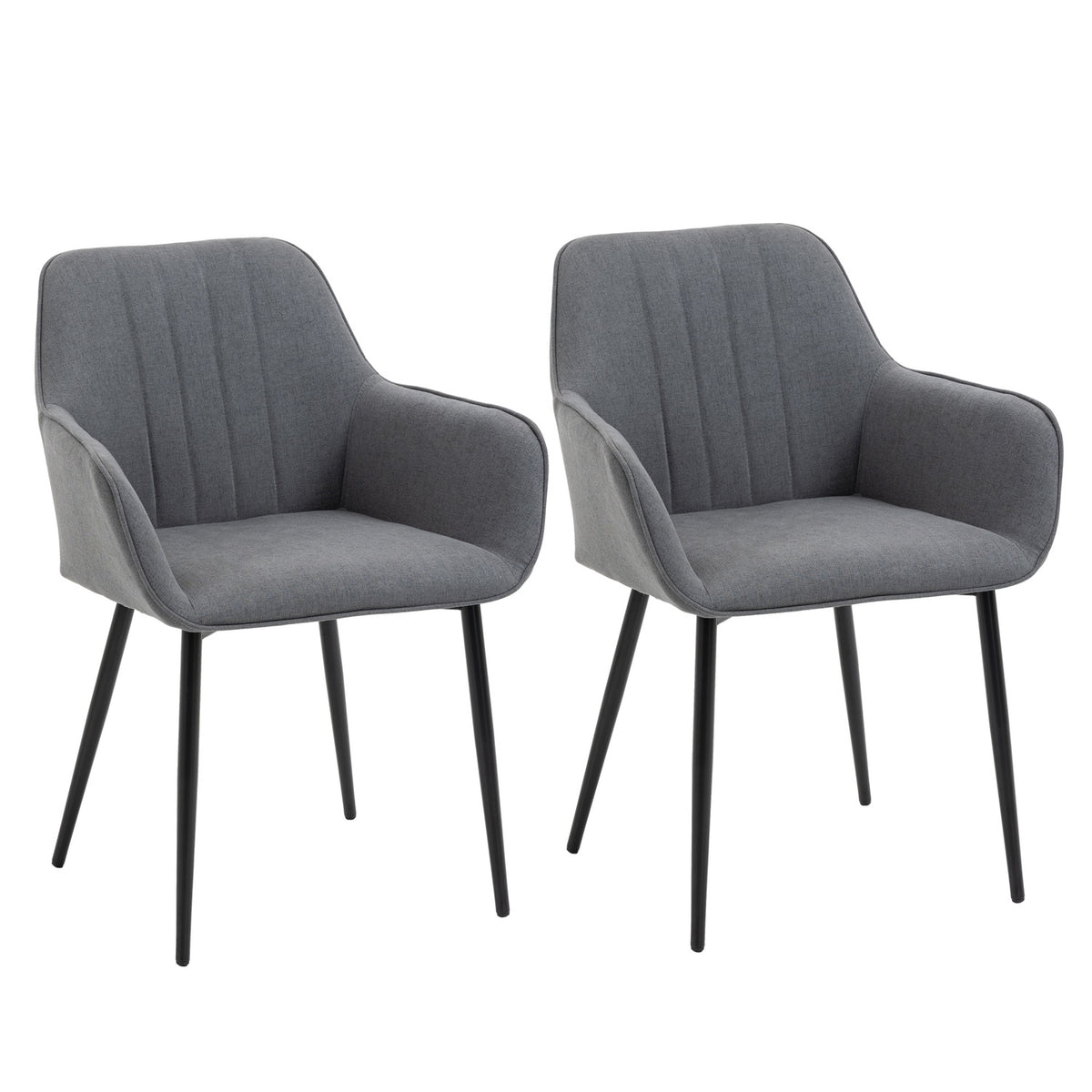 Set Of 2 Dining Room Chairs Comfortable Chairs With Breathable Linen Cover, Back & Armrest, Metal Legs, Dark Gray, 59.5X56.5X81Cm