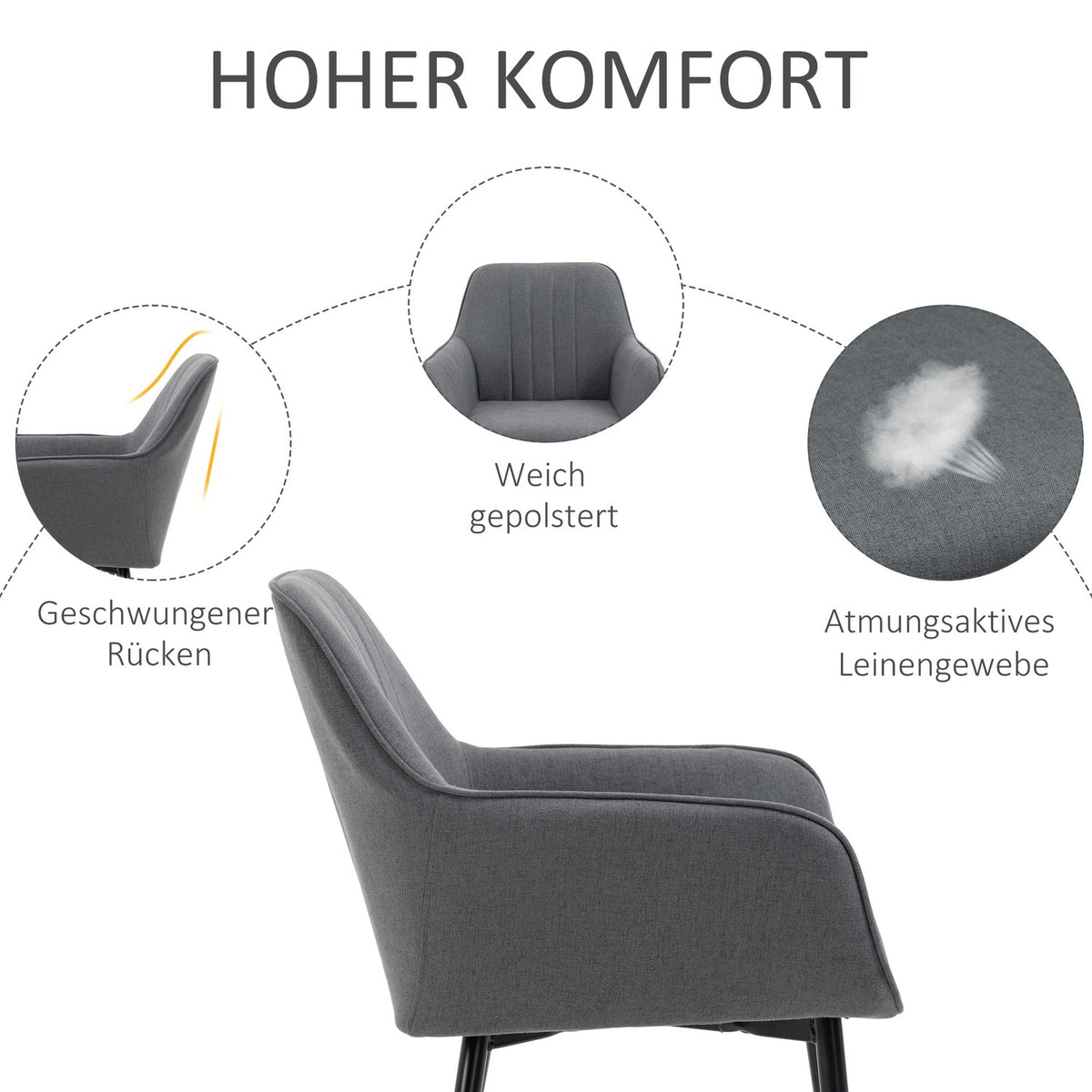 Set Of 2 Dining Room Chairs Comfortable Chairs With Breathable Linen Cover, Back & Armrest, Metal Legs, Dark Gray, 59.5X56.5X81Cm