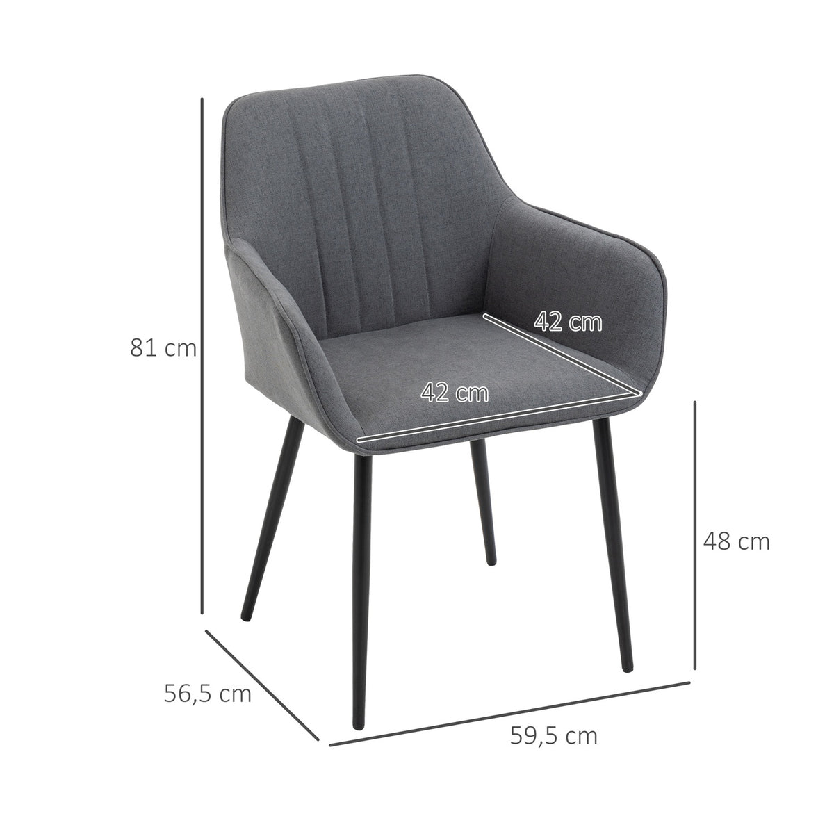 Set Of 2 Dining Room Chairs Comfortable Chairs With Breathable Linen Cover, Back & Armrest, Metal Legs, Dark Gray, 59.5X56.5X81Cm