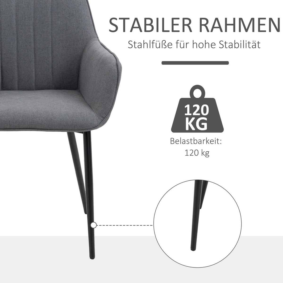 Set Of 2 Dining Room Chairs Comfortable Chairs With Breathable Linen Cover, Back & Armrest, Metal Legs, Dark Gray, 59.5X56.5X81Cm