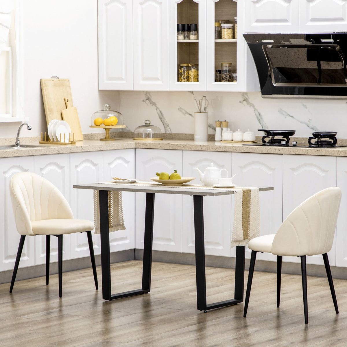 Set Of 2 Dining Room Chairs Comfortable Kitchen Chair, Upholstered Chair With Backrest, Dining Chair, Velvet Look, Steel Legs, Cream