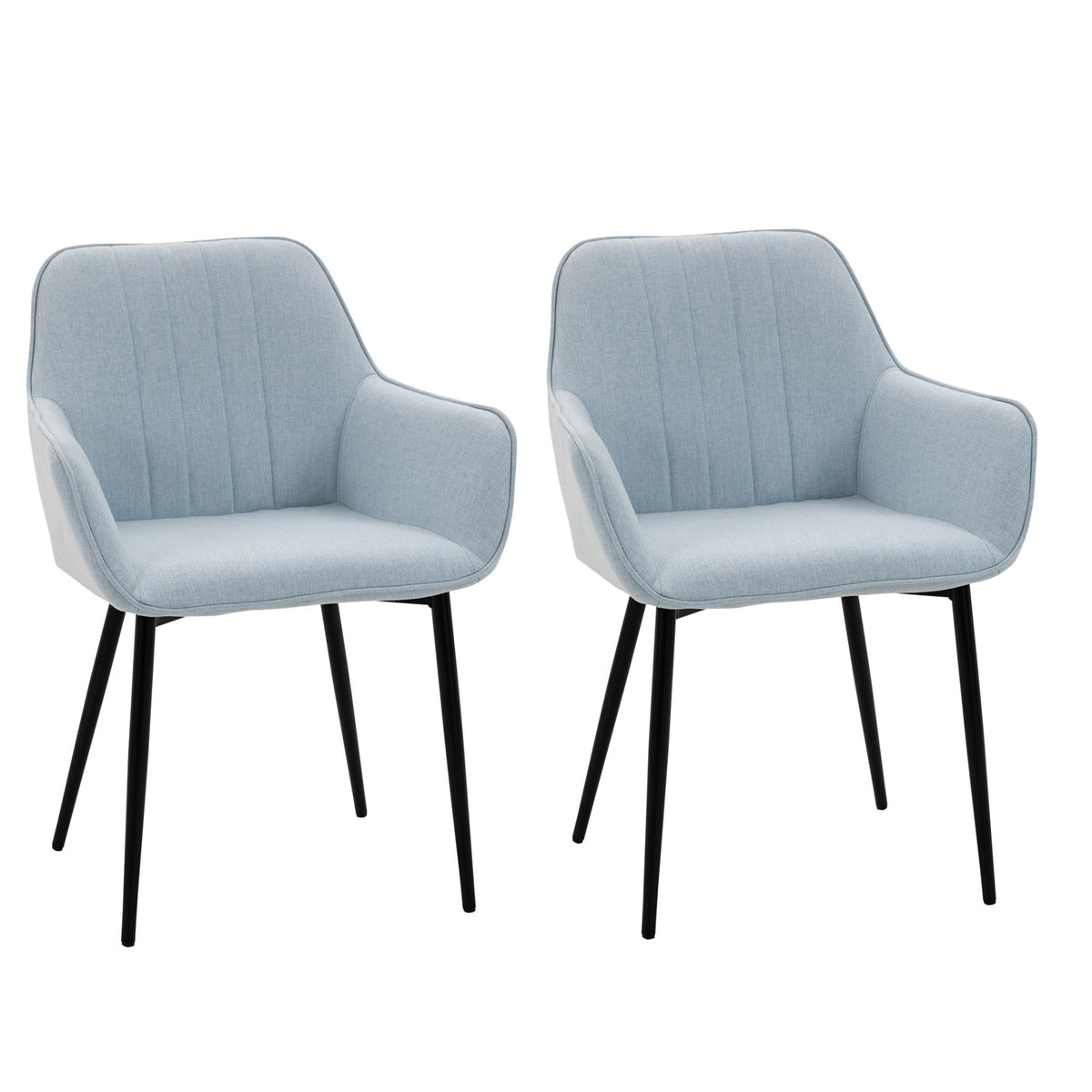 Set Of 2 Dining Room Chairs Upholstered Chairs With Breathable Linen Cover, Backrest, Armrest, Metal Legs, Blue, 59.5X56.5X81Cm