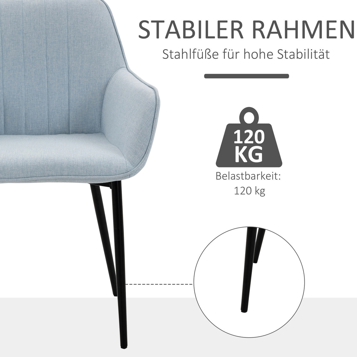 Set Of 2 Dining Room Chairs Upholstered Chairs With Breathable Linen Cover, Backrest, Armrest, Metal Legs, Blue, 59.5X56.5X81Cm