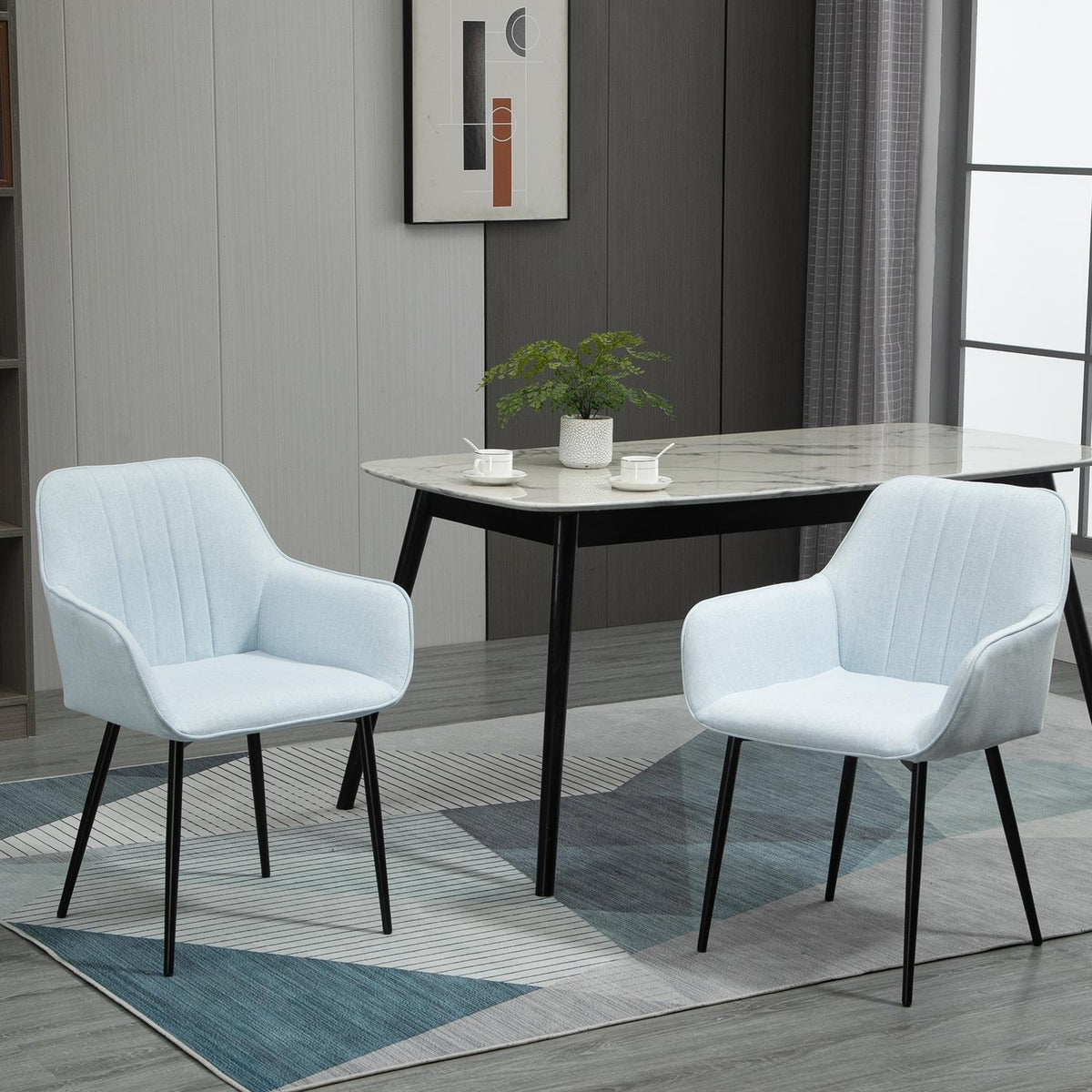 Set Of 2 Dining Room Chairs Upholstered Chairs With Breathable Linen Cover, Backrest, Armrest, Metal Legs, Blue, 59.5X56.5X81Cm