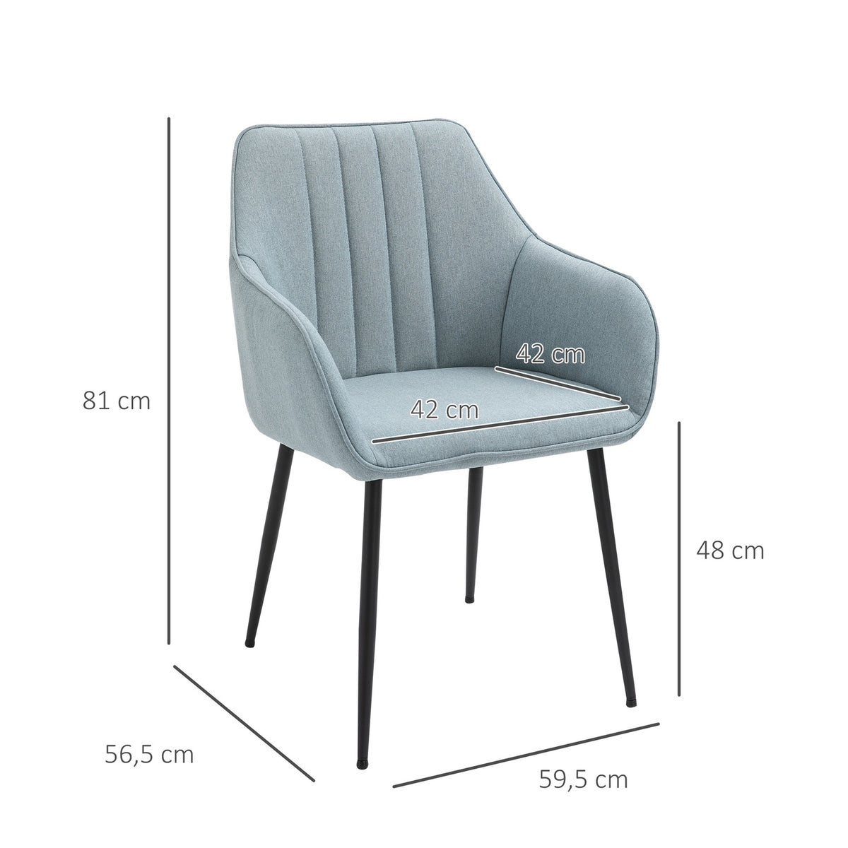 Set Of 2 Dining Room Chairs Upholstered Chairs With Breathable Linen Cover, Backrest, Armrest, Metal Legs, Blue, 59.5X56.5X81Cm