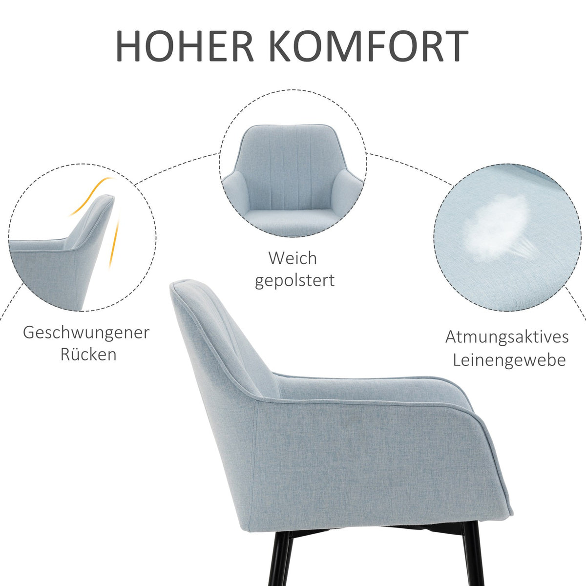 Set Of 2 Dining Room Chairs Upholstered Chairs With Breathable Linen Cover, Backrest, Armrest, Metal Legs, Blue, 59.5X56.5X81Cm