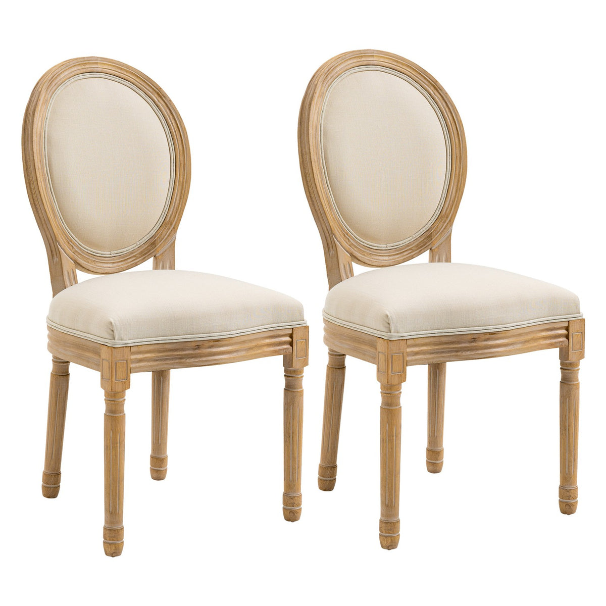 Set Of 2 Dining Room Chairs Vintage Kitchen Chairs Upholstered Chairs With Backrest Linen Touch Rubber Wood Cream White + Natural 49 X 56 X 96 Cm