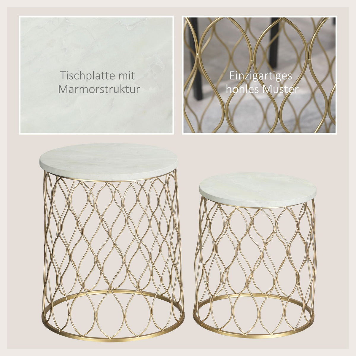 Set Of 2 Garden Table Side Tables Retro Wire Basket Design Metal Basket Garden Set Of Tables Outdoor Steel Gold + White Diameter 41 X 46 Cm