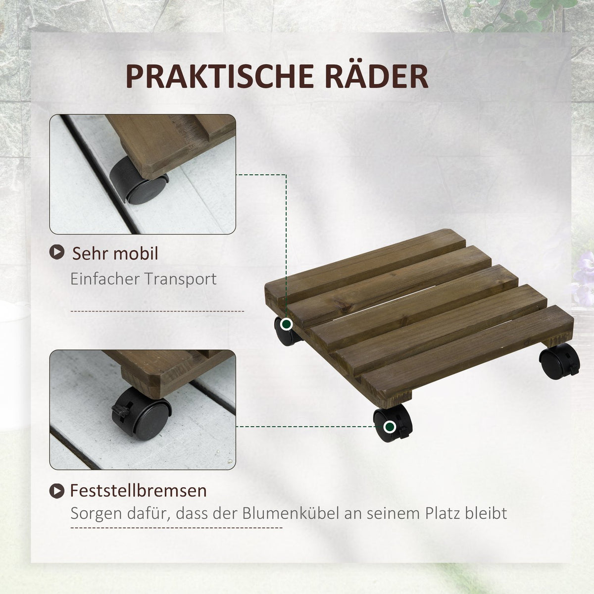 Set Of 2 Plant Rollers Rolling Plant Stand With Brakes, Dark Brown, 30X30Cm, For Indoor/Outdoor