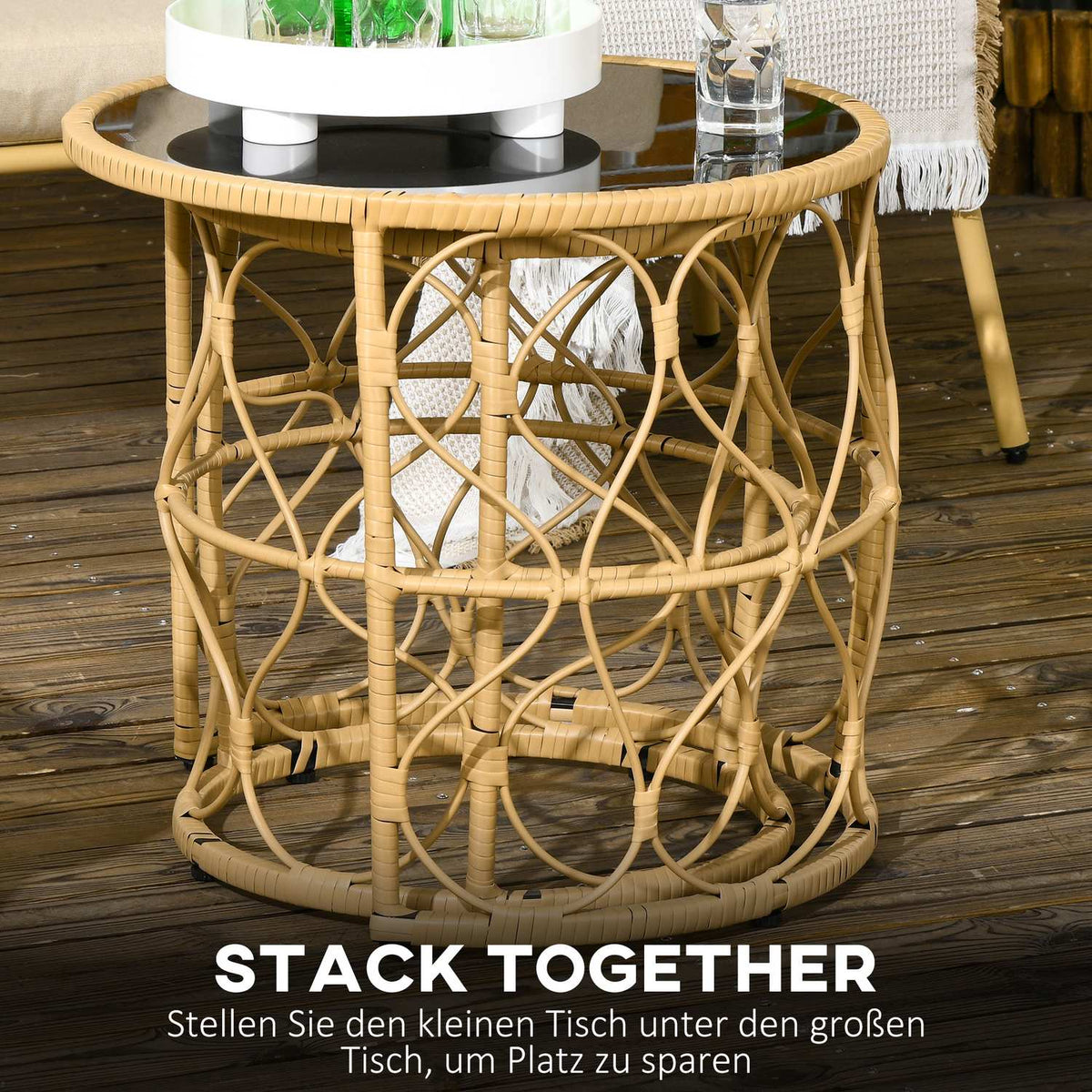 Set Of 2 Rattan Side Tables With Glass Top Stackable Boho Style Khaki