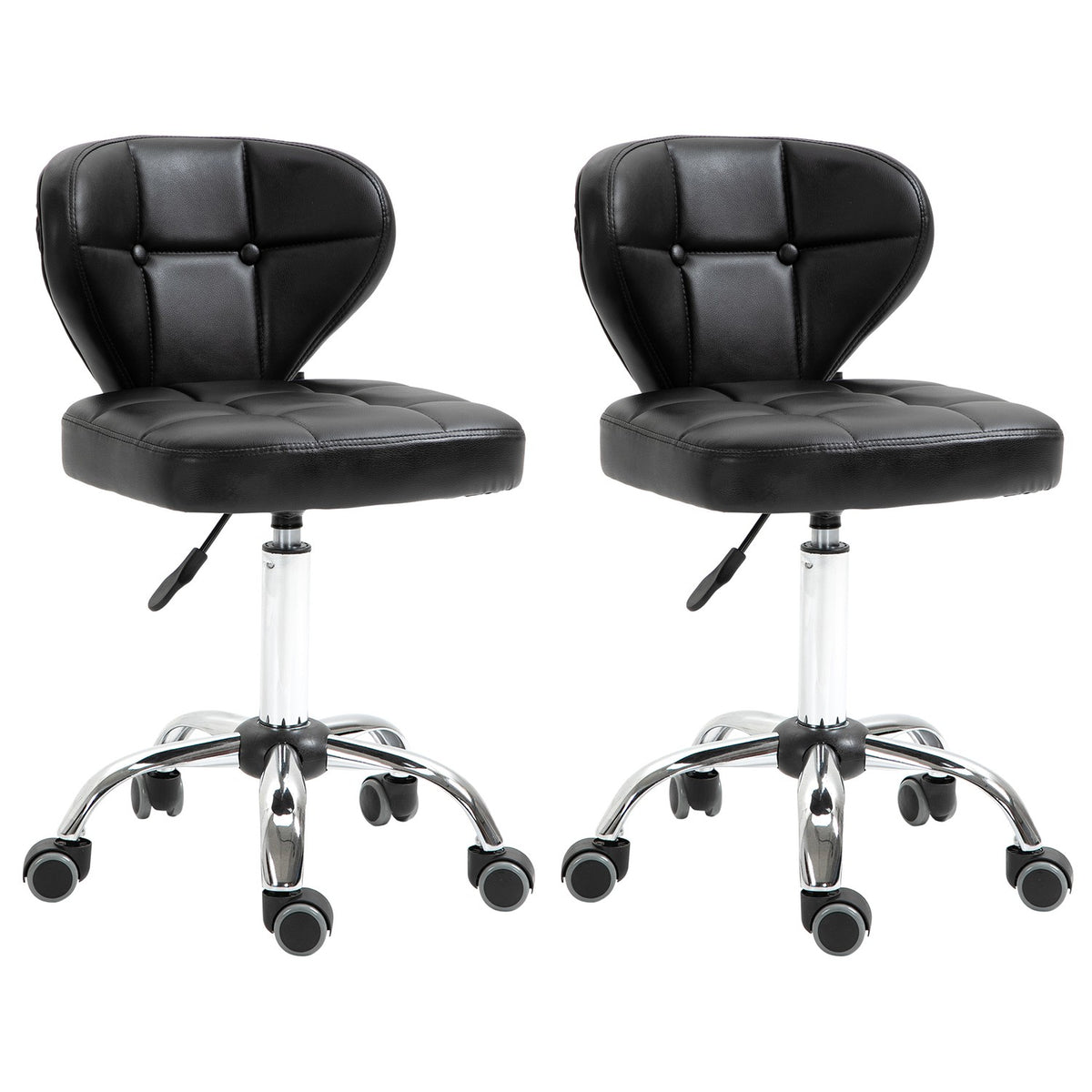 Set Of 2 Rolling Stools With Backrest, Swivel Stool, Work Stool, Height-Adjustable, Faux Leather + Steel, Dark Gray, 45X47X72-87Cm