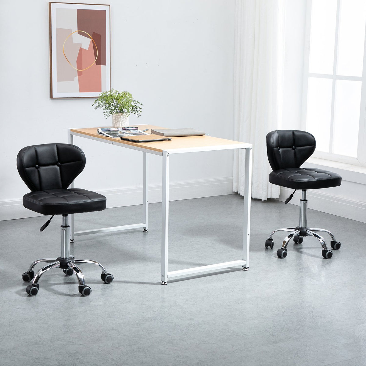 Set Of 2 Rolling Stools With Backrest, Swivel Stool, Work Stool, Height-Adjustable, Faux Leather + Steel, Dark Gray, 45X47X72-87Cm
