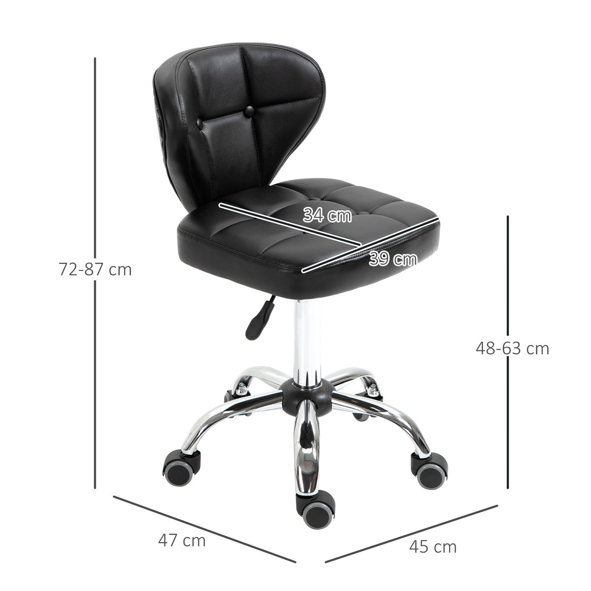 Set Of 2 Rolling Stools With Backrest, Swivel Stool, Work Stool, Height-Adjustable, Faux Leather + Steel, Dark Gray, 45X47X72-87Cm