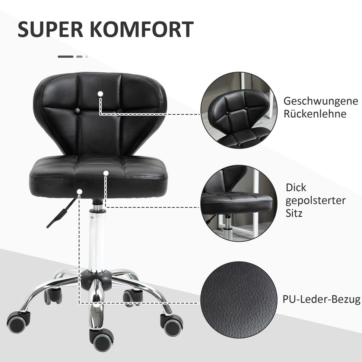 Set Of 2 Rolling Stools With Backrest, Swivel Stool, Work Stool, Height-Adjustable, Faux Leather + Steel, Dark Gray, 45X47X72-87Cm