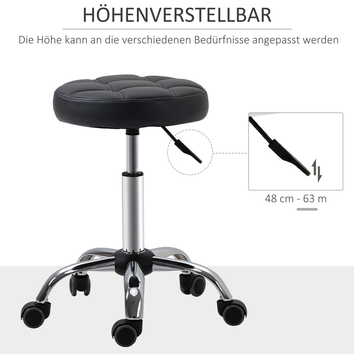 Set Of 2 Salon Stools, Rolling Stools, Height-Adjustable Swivel Stools, With Wheels, Faux Leather, Black, Ø35.5X48-63Cm