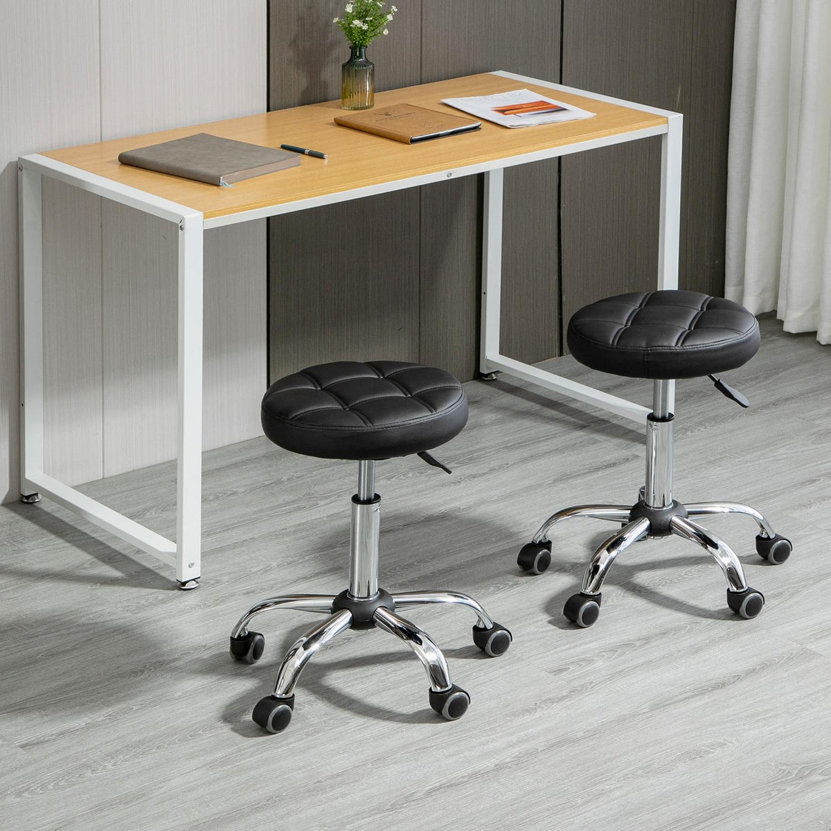 Set Of 2 Salon Stools, Rolling Stools, Height-Adjustable Swivel Stools, With Wheels, Faux Leather, Black, Ø35.5X48-63Cm