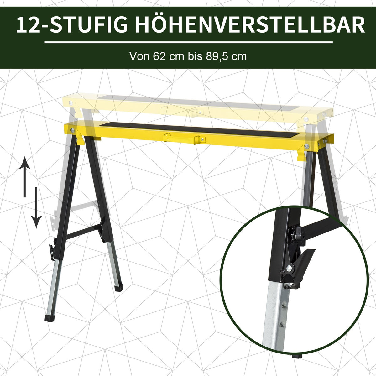Set Of 2 Saw Horse Work Trestle Folding Non-Slip Steel Yellow Black 100 X 49 X 62-90 Cm Load Capacity 100 Kg