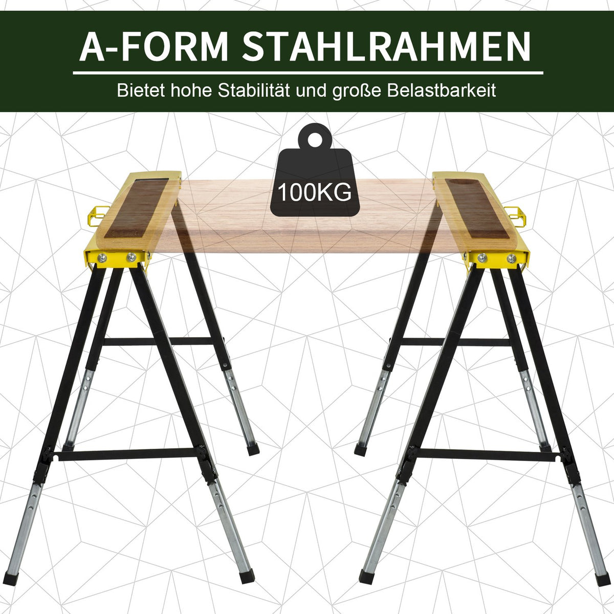Set Of 2 Saw Horse Work Trestle Folding Non-Slip Steel Yellow Black 100 X 49 X 62-90 Cm Load Capacity 100 Kg